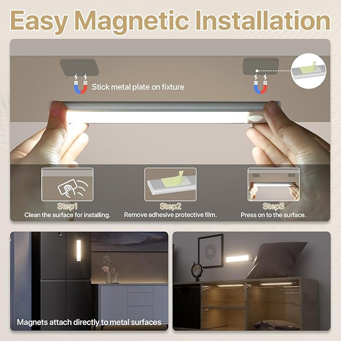 ORALUCE Under Cabinet Lighting Rechargeable Magnetic, 8inch LED Motion Sensor Light Indoor Battery Operated 3 Color Dimmable, Wireless Closet Lights for Kitchen Counter Stairs, 2 Pack