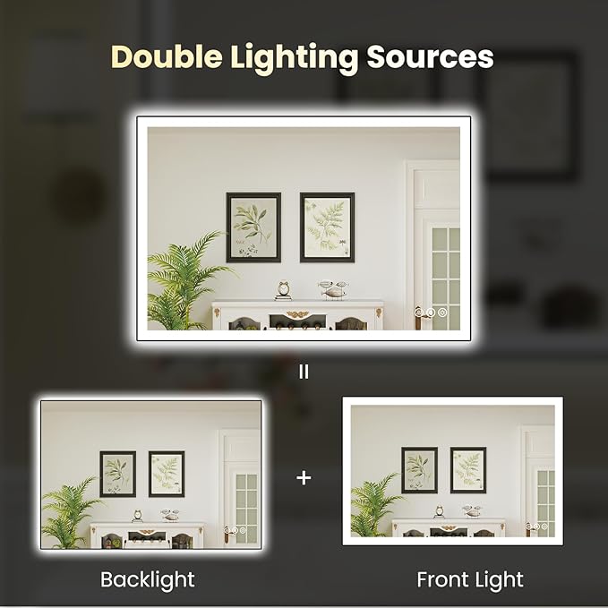 WTTY 40"X30" LED Bathroom Mirror with Black Frame, Bathroom Vanity Mirror with Lights for Wall, Front Light and Backlit, Anti-Fog, Dimmable, 3 Colors, Shatterproof, Memory, Horizontal/Vertical