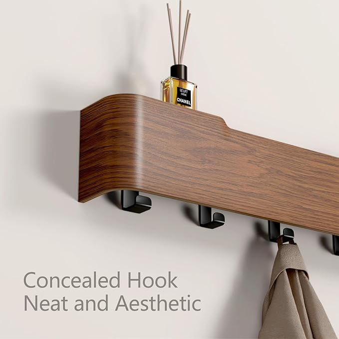 Coat Rack Wall Mount Entryway Organizer Modern Key Holder Wall Mount with Wooden Shelf Entryway Hooks for Bedroom Kitchen Hallway Bathroom for Hanging Coats Hats Dog Leashes Bags Towels