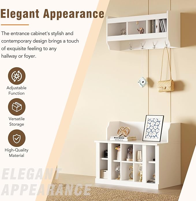 Shoe Storage Bench with Shelves and 4 Hooks, Entryway Hall Tree with Shoe Cabinet with Coat Rack