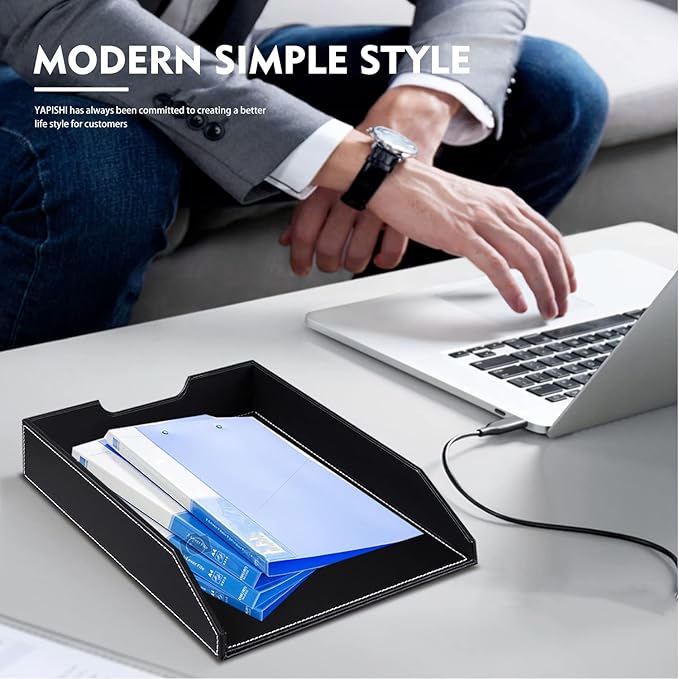 Office Desk Organizer and Workspace Accessories Storage Caddy for Men, Black Leather 6 PCS Set- Pencil Cup, Business Card Holder, Sticky Note Dispenser, Mail Sorter, Letter Tray, Magazine Holder