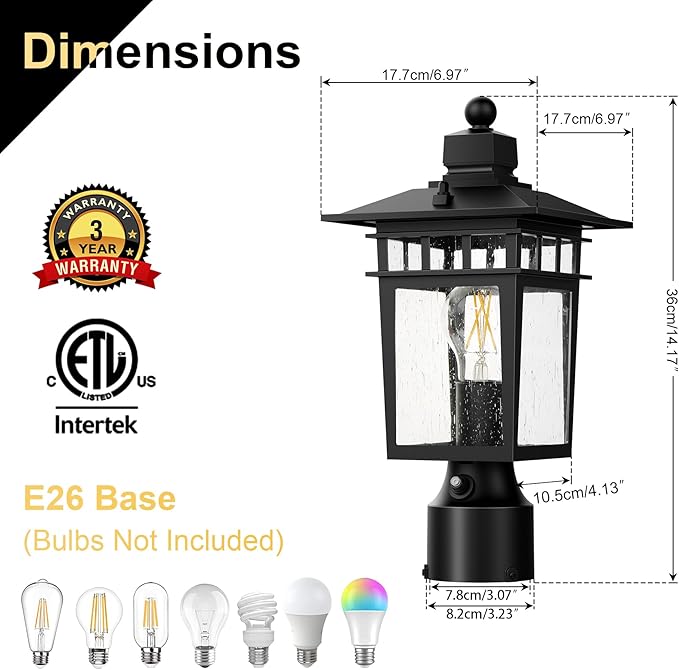 Dusk to Dawn Outdoor Post Lights, Waterproof Lamp Post Light Fixture, Aluminum Lamp Posts Outdoor Lighting Pole Lantern for Outside Yard Patio Pathway Garden Deck, Hard Wired (2 Pack, Black)