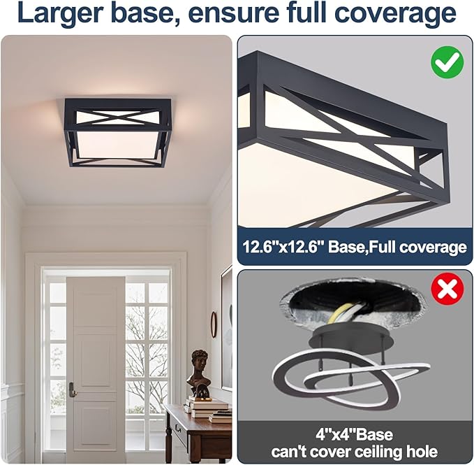 Modern LED Ceiling Light Fixture, Square LED Flush Mount Hallway Light Fixtures, Farmhouse Black Close to Ceiling Light for Hallway Bedroom Balcony Porch Stairway Ceiling Lamp (Square, 3000K)