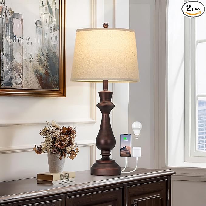 Touch Lamps for Night Stand- 29.5" Tall Bedside Lamp with USB C+A, 3 Way Dimmable Bedroom Lamps, Vintage Brown Table Lamps for Living Room,Single Brown