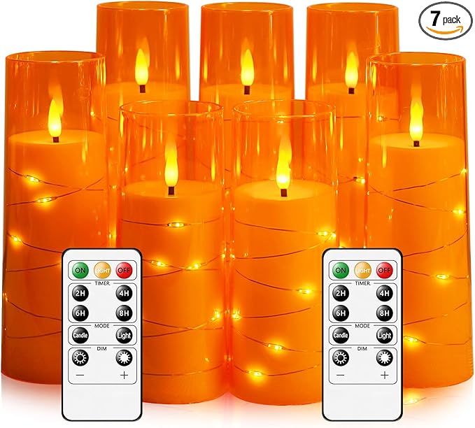 Flameless Candles with Embedded Star String, Battery Operated LED Pillar Candles with Timer and Remote Control,Home Decorating for Ambiance, Set of 7 (Orange)