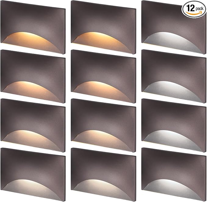 LEONLITE 12-Pack 5CCT 120V LED Step Lights, 150LM 5%-100% Dimmable Stair Lights Indoor Outdoor IP65 Waterproof, Aluminum Anti-Glare Shell, CRI90 ETL 2700K/3000K/3500K/4000K/5000K, Oil Rubbed Bronze