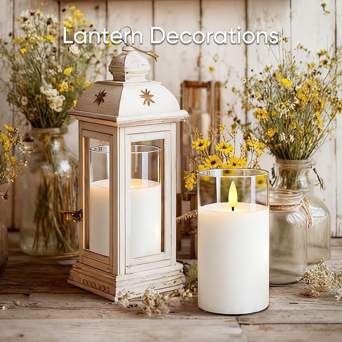 5plots Clear Glass Flameless Candles with Remote Timer, Set of 2, White LED Real Wax Glass Pillar Candles Warm Flickering Light for Indoor Home & Wedding Decor D3 x H6 6"