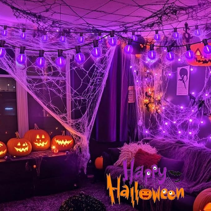 LAMPHOME G40 LED Outdoor Halloween String Lights, 2 Pack 26FT Patio Lights with 12+1 Edison Shatterproof Bulbs(1 Spare), Connectable Outside Lights for Backyard Porch Halloween Christmas Decor, Purple