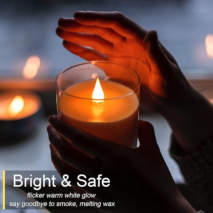 Glass Flameless Candles with Remote Timer, 3D Moving Flame Flickering, Last 600+ Hours Battery Candles, Real Wax LED Votive Candle for Festival Wedding Home Party Decor, 3" x 4"