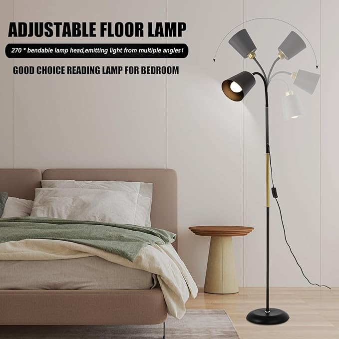 AoMck Floor Reading Lamp, Industrial Metal Floor Lamps for Living Room with Adjustable Bendable, 2 in 1 Reading Table Lamps for Living Room Bedroom Office, 12W Bulb Included (Black)