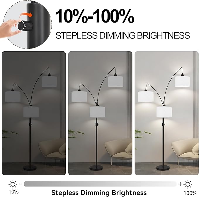 Dimmable Floor Lamp - 3 Lights Arc Floor Lamps for Living Room,Modern Tall Standing Tree Lamp with White Drum Linen Shade & Heavy Base,Mid Century Floor Lamp for Bedroom Corner Office,Bulbs Included