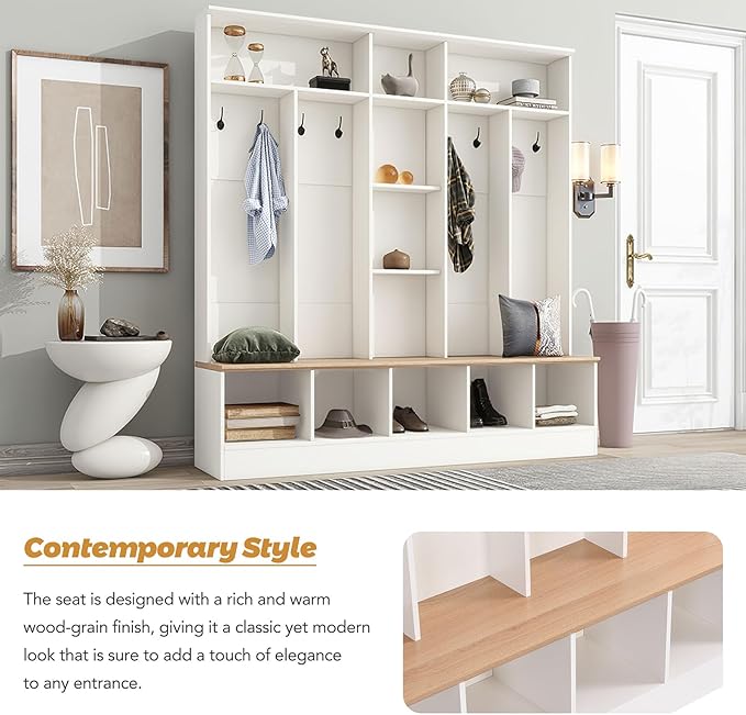 Modern Hall Tree with Coat Rack and Storage Bench, 4-in-1 Minimalist Hallway Coat Hanger Shoe Cabinet with Cube Storage & Shelves Multifunctional Entryway Bench with 8 Hooks for Mudroom, White