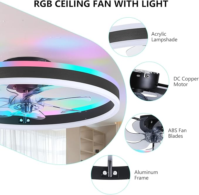RGB Ceiling Fans with Lights, 19.7" Smart Low Profile Ceiling Fan, Modern Flush Mount Fandelier Light with Remote/APP Control, Dimmable Led Ceiling Fan Light for Living Room, Bedroom, Indoor