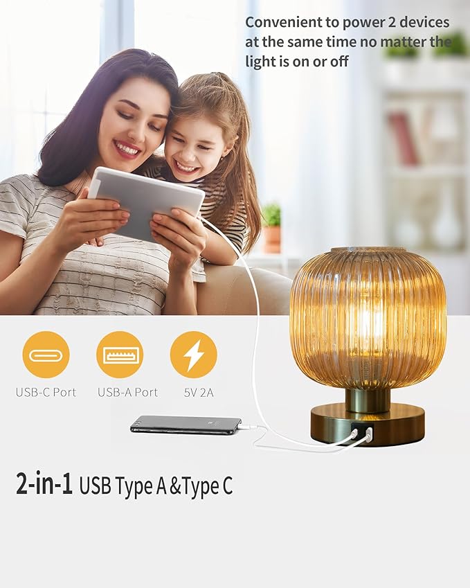 Touch Control Small Table Lamp Set of 2, Elegant Gold Glass Bedside Lamp 3 Way Dimmable with USB C+A Charging Ports - Bedroom Nightstand & Living Room Essential, 4W Bulb Included