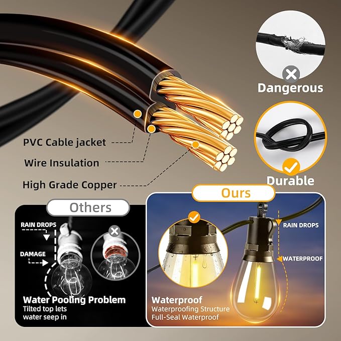 Solar Lights Outdoor Patio Lights: S14 30M 100FT Solar Powered Remote Control 3 Light Modes Dimmable Solar Waterproof Light - Shatterproof Bulbs - Camping Backyard Garden Deck Outside Yard