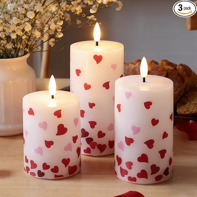 Flameless Pillar Candles with Remote, 3 Pack Battery Operated Real Wax LED Candles, Perfect for Home Decorations Fireplace Table, Heart Sticker