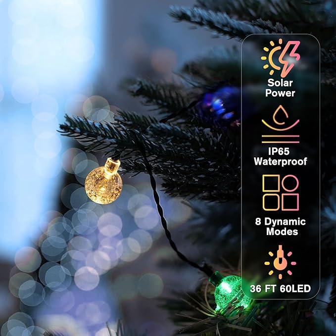 Metaku Solar String Lights for Outside, 36FT 60 LED Crystal Globe String Lights, Solar Powered Outdoor Lights with 8 Lighting Modes, Patio Hanging Lights for Garden, Camping and Party Décor Multicolor