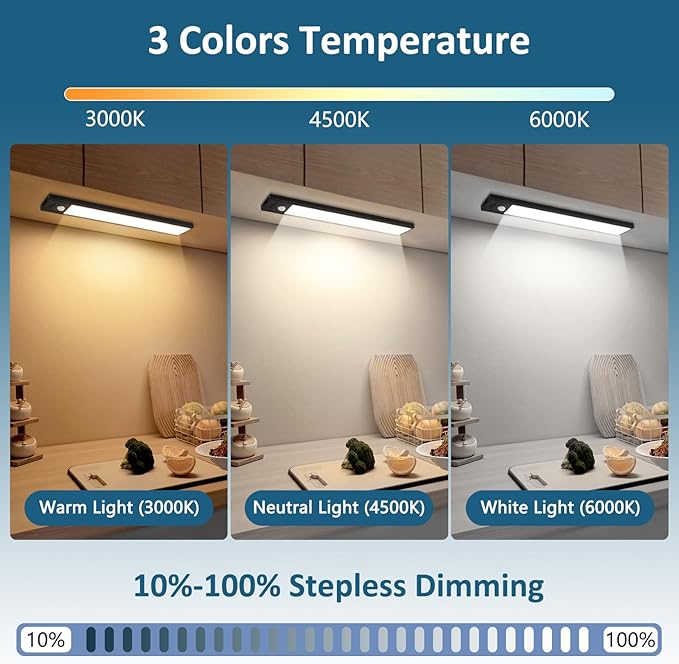 Ascher 15.2inch Under Cabinet Lights, 3000mAh Rechargeable Motion Sensor Light Indoor, 3 Color Temperatures & Stepless Dimmable Closet Lights, Magnetic Under Counter Light for Kitchen, Black - 2 Pack