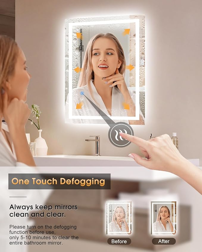 oneup 24x32'' LED Bathroom Mirror,Lighted Bathroom Mirror with Lights,Dimmable 3 Colors Temperature,Anti-Fog,Modern Vanity Mirrors for Wall,Touch Screen,Memory, Shatterproof