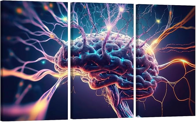 LSIUHWUWI Modern Wall Art 3 Panel Human Brain Neurons Firing and Neural Extensions Pictures Print on Canvas for Wall Art Decoration, Wooden Frame Artwork Ready to Hang 20x40inchx3