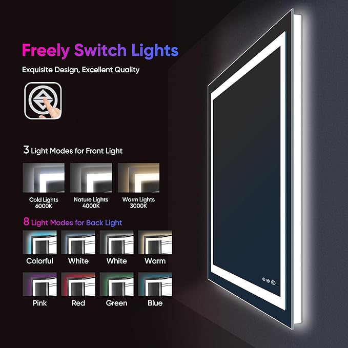 Antok 36"x 72" LED Bathroom Mirror with Lights, Anti-Fog, Dimmable, Lighted Vanity Mirror with Tempered Glass, Memory Function, 11 Light Modes, Safe Use, Horizontal, Vertical, Wall Mount