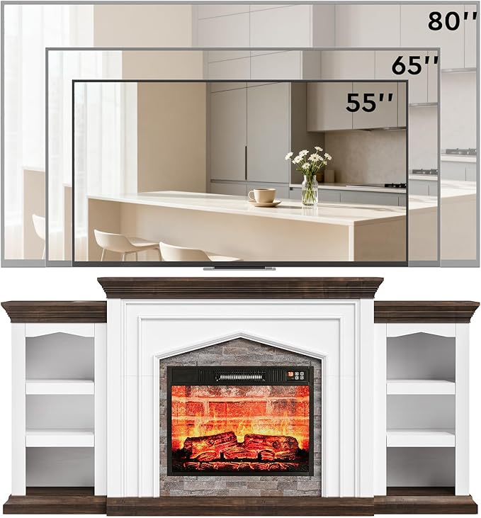 LGHM 80" Fireplace TV Stand for TVs Up to 90 Inch, Electric Fireplace with Mantel, Farmhouse Entertainment Center with Storage, Fireplace Heater Insert with 3D Flame Effect for Living Room