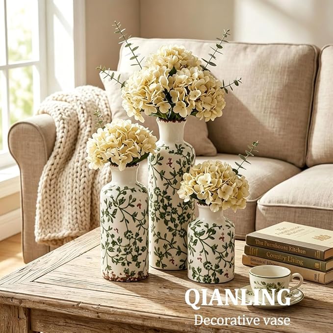 Green Ceramic Vase Set - 3 Chinoiserie Green Floral Vases, Farmhouse Country Flower Vase Home Decor, Living Room Decoration, Table Decoration, Fireplace Decor, and Entrance Decorations Centerpiece