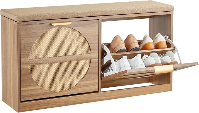 VEVOR Shoe Storage Bench, Rattan Entryway Bench with Coat Rack & Padded Cushion, Shoe Cabinet Holds up to 440 lbs, 38.9x 9.4x19.7 Inche for Hallway, Living Room, Bedroom