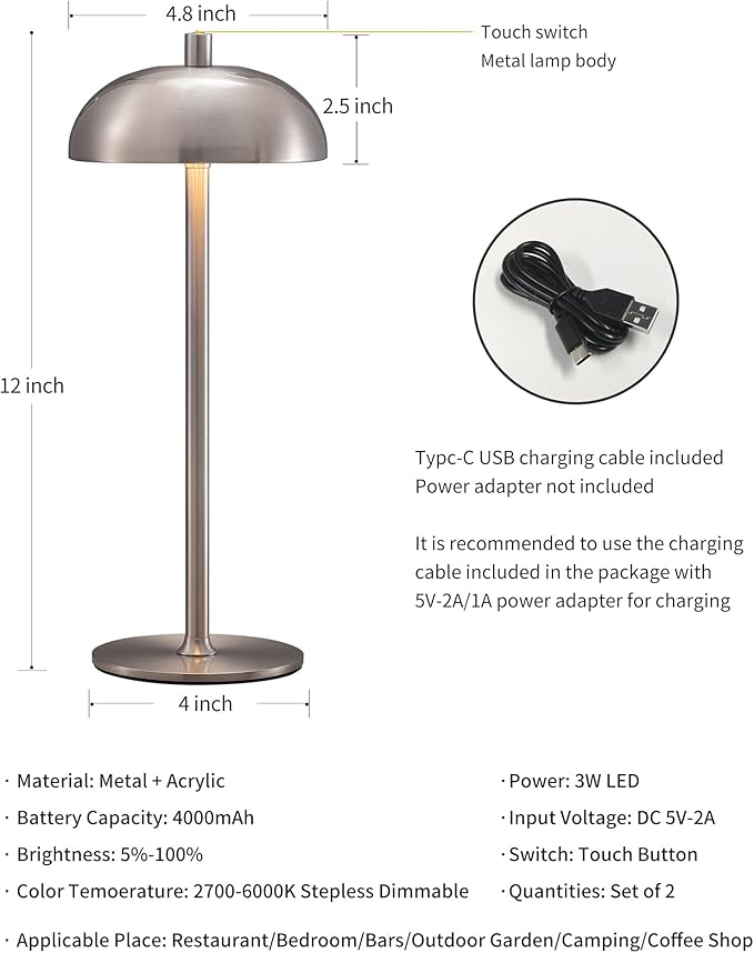 Cordless LED 12" Small Table Lamps Set of 2, Modern Portable Desk Lamp, 3 Color Dimming Rechargeable Battery Lights, for Bedroom, Outdoor, Restaurant, Bedside, Baby Night Light, Gifts (Nickel)