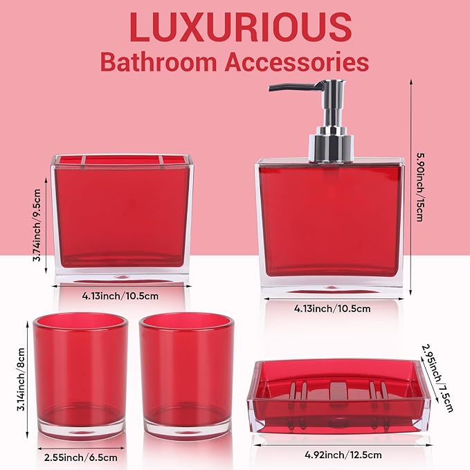 5-Piece Bold Red Acrylic Bathroom Accessories Set — Soap Dispenser, Toothbrush Holder, Soap Dish & 2 Mouthwash Cups, His and Hers Countertop Organizer for Red Bathroom Decor