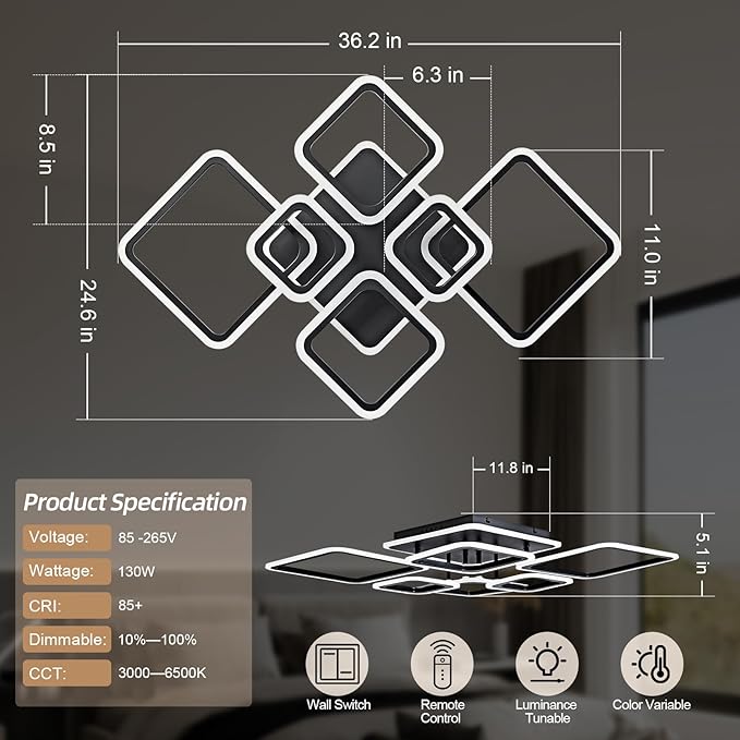Modern Ceiling Light, 36.2'' LED Dimmable Acrylic Square 6+1 Rings Ceiling Lights with Remote, Black Flush Mount Ceiling Light Fixture for Low Ceiling Bedroom Living Room Dining Room, 130W