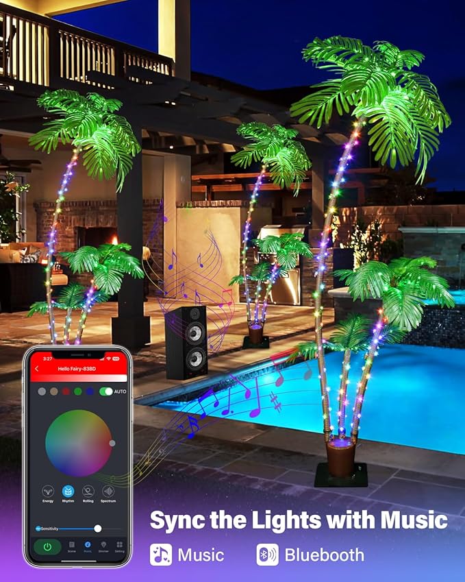 Smart Lighted Artificial Palm Tree 6 Feet for Tiki Bar Outside Patio, RGB Color Changing Christmas Tree 208LED, DIY Light Show, Music Sync Light up Pool Yard Tropical Fake Plant Light Indoor Decor