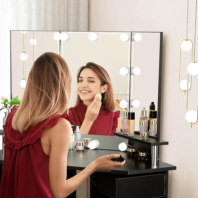 VOWNER Vanity with Lights - Makeup Vanity Desk with Power Outlet, 3 Color Lighting Options Brightness Adjustable, Vanity Table with 5 Rotating Drawers, Shelves and Stool for Bedroom, Black