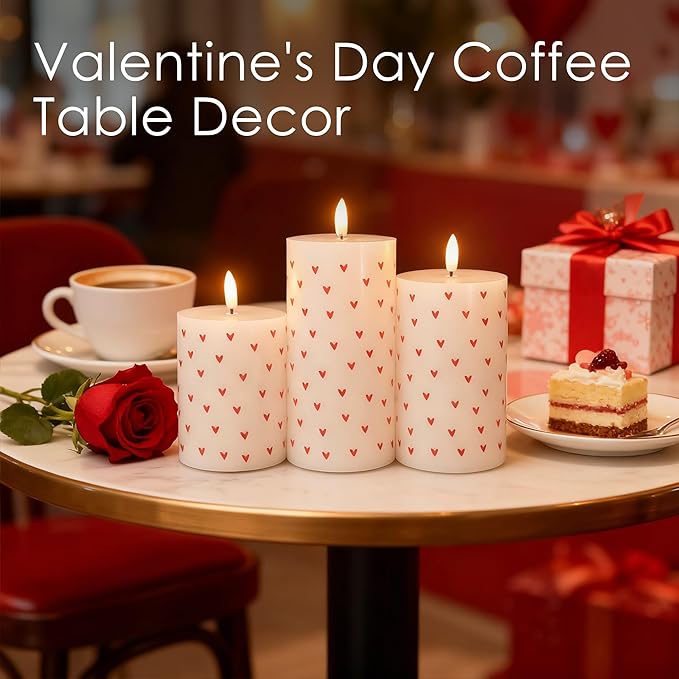 Flameless Candles with Remote, Battery Operated Pillar Candles for Valentine's Day Decoration Real Wax Electirc LED Candles for Romantic Home Table Centerpiece Decor Set of 3