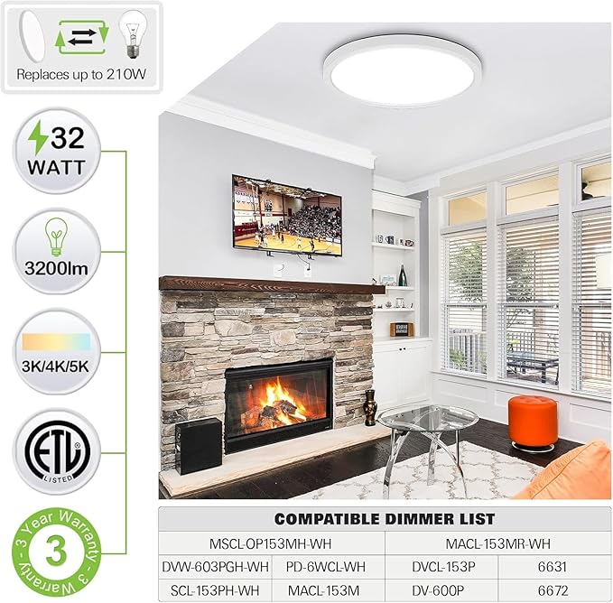 hykolity 18 Inch LED Round Flat Panel Light, White, 32W, 3200lm, 3000K/4000K/5000K CCT Selectable, 120°Beam Angle, Dimmable Edge-Lit Flush Mount Ceiling Light Fixture - ETL Listed