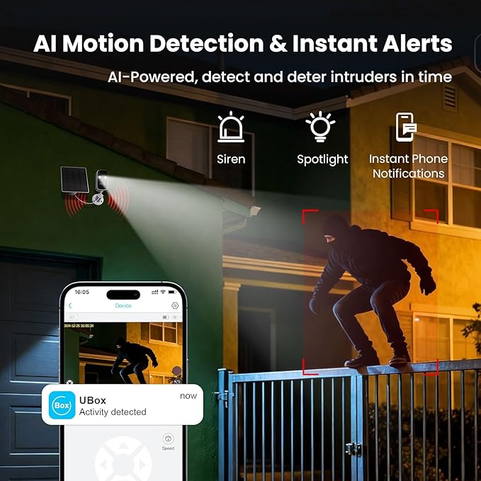 Solar Security Cameras Wireless Outdoor, WiFi Cameras for Home Security, Motion Detection, Instant Phone Notifications, SD/Cloud Storage, 2K Color Night Vision, IP66 Waterproof