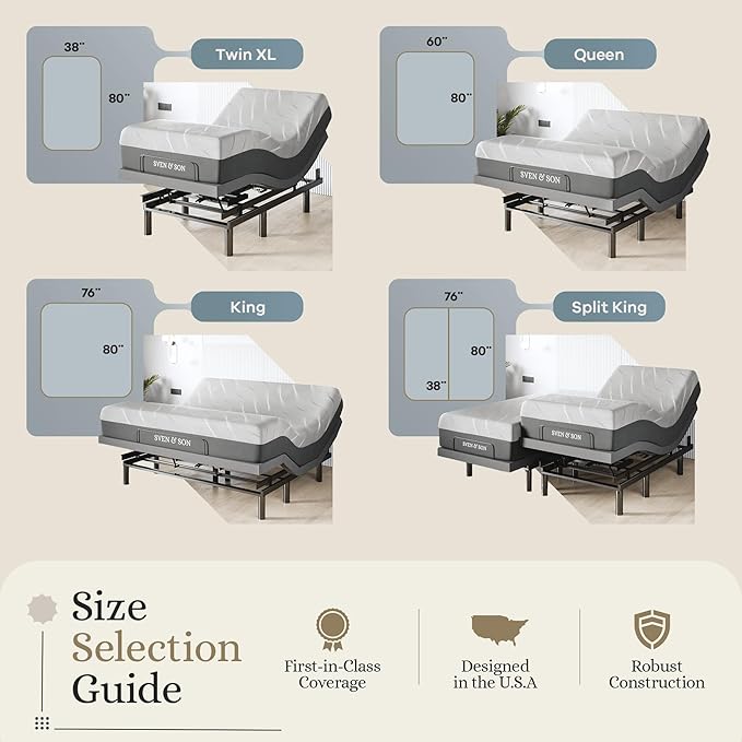 Sven & Son Harmony Adjustable Bed Base, Head and Foot Lift, Massage, Under-Bed Lights, USB, Gel Memory, Zero Gravity Smart Frame - Split King + 12 inch Memory Foam Matt (Medium)