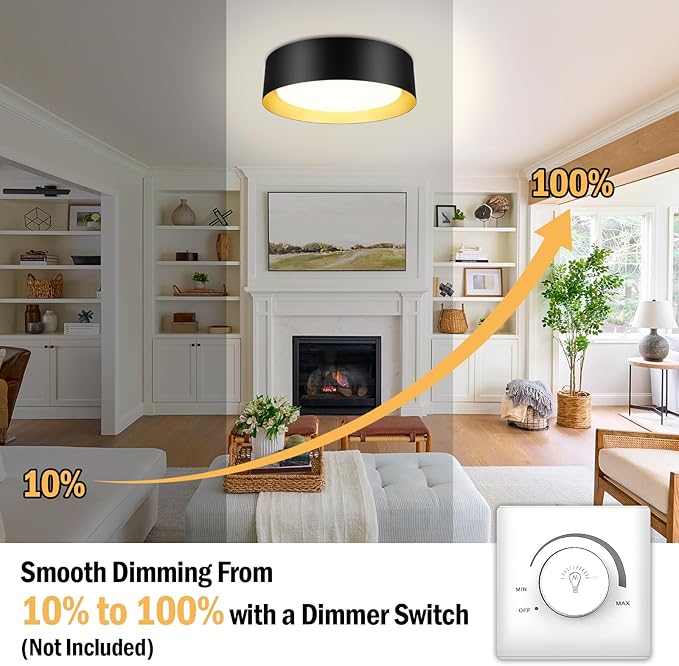 BrightHome Flush Mount LED Ceiling Light, 13in 2400LM 25W, 3 Color (3000K, 4000K, 5000K) Dimmable Black Gold Modern Lamp for Bedroom, Bathroom, Hallway, Kitchen