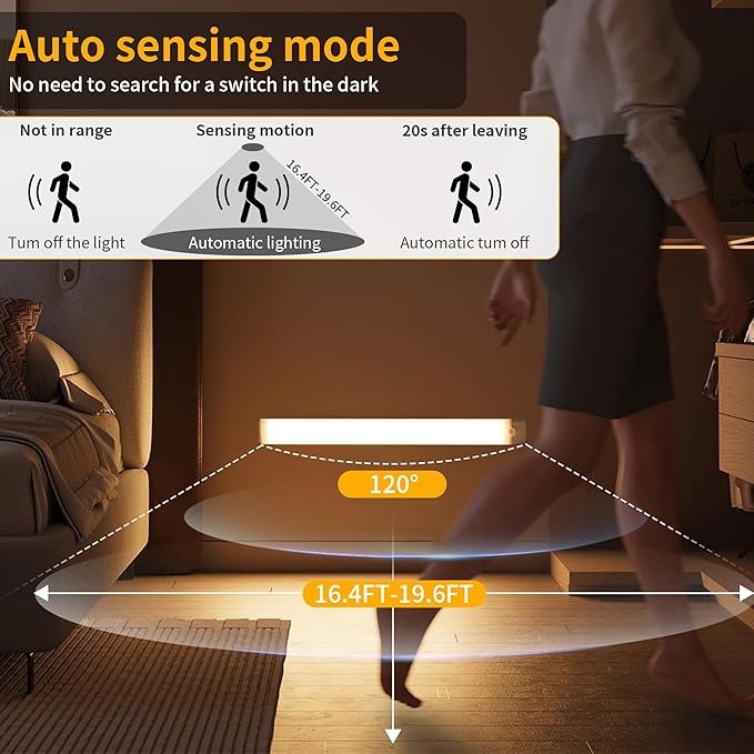 Wireless Under Cabinet Lighting 12 Inch 3 Pack, Magnetic Motion Sensor Light Indoor USB C Rechargeable Closet Lights, 3 Color Dimmable LED Night Light Stick on Under Counter Lights for Kitchen Stairs