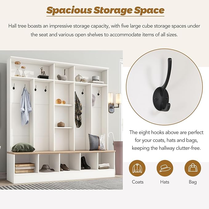 Modern Hall Tree with Coat Rack and Storage Bench, 4-in-1 Minimalist Hallway Coat Hanger Shoe Cabinet with Cube Storage & Shelves Multifunctional Entryway Bench with 8 Hooks for Mudroom, White