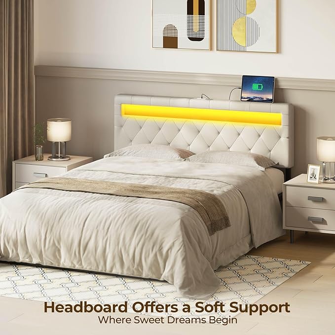 GREENSTELL Headboard for Queen Size Bed with 60,000 DIY Color of LED Light, USB & Type C Post, Attach Frame, Height Adjustable, White Leather Wall Mounted Head Boards Only, Sturdy & Stable, Queen