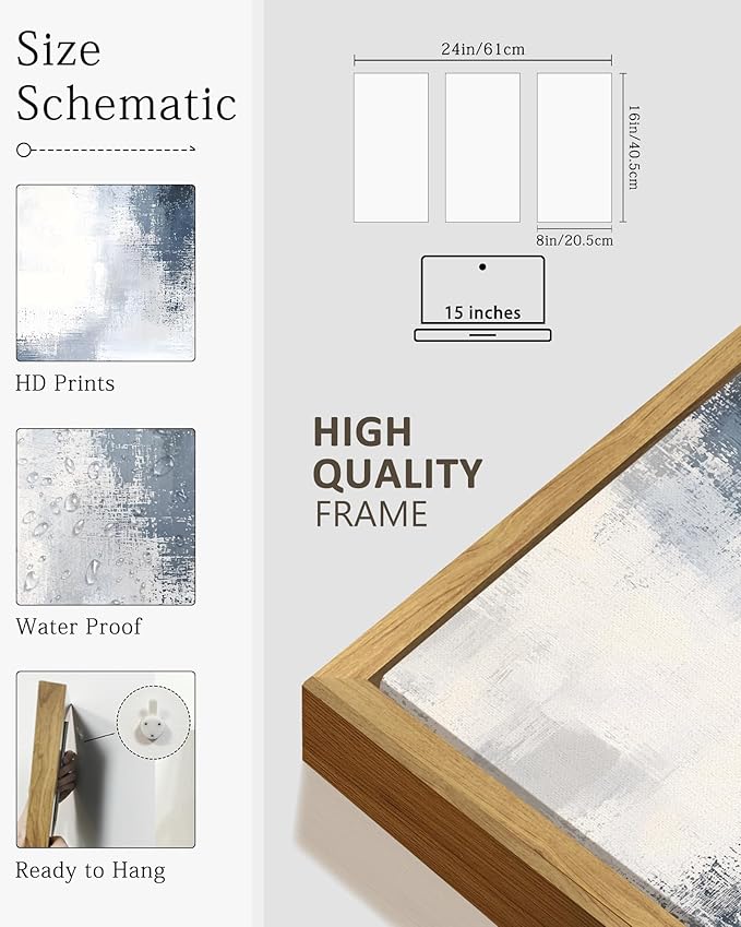 KUVIOKE Abstract Wall Art Blue Gray White Minimalist Painting Modern Decor Bedroom Living Room Ready to Hang 8x16in3pcs Natural Framed