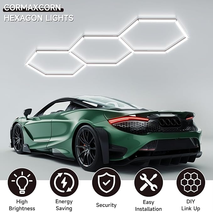 Hexagon Garage Lights Super Bright LED 6500K 128W 15360LM Honeycomb Hexagon Ceiling Light Fixture, Hex LED Wall Mount Lighting for Garage Home Gym Basement Workshop (3 HEX)
