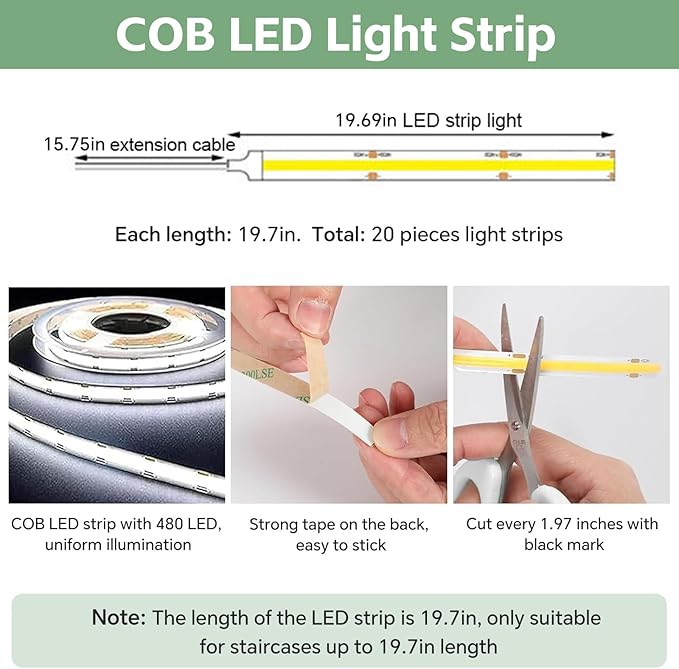 Indoor Motion Sensor Stair Light Wired Staircase Lighting with COB LED Light Strip Under Stair Cascading Running Stairwell Step Light for up to 20 Steps