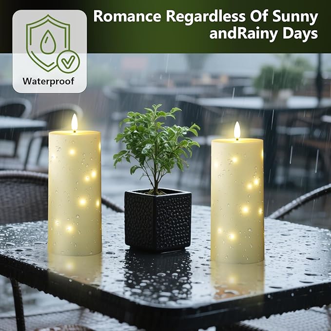 10" x 4" Large Outdoor Waterproof Flickering Flameless Candles with Timer,4Pcs Battery Operated LED Pillar Candles with Embedded Star String for Outdoor Lanterns,Porch,Patio Decor(Ivory)