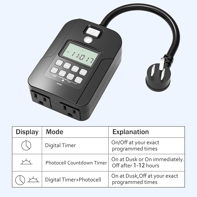 Outdoor Digital Timer for Lights, 7-Day Programmable Plug Waterproof with 2 Grounded Outlets for Landscape String Light, 15A, 1/2 HP UL Listed, 7 Day Dusk to Dawn Programmable Timer