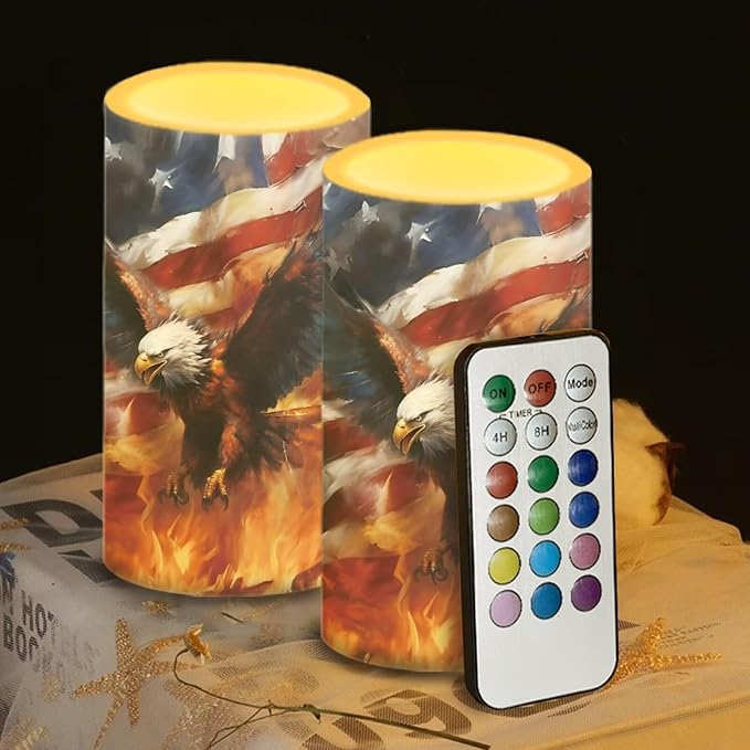Eagle Flag Flameless Candles 2 Pack 6 x 3 inch Veterans Day USA Flag Battery Operated Candles with Multicolor Timer Remote Control LED Fake Candles for Warm Light Dinner Table Home Decor