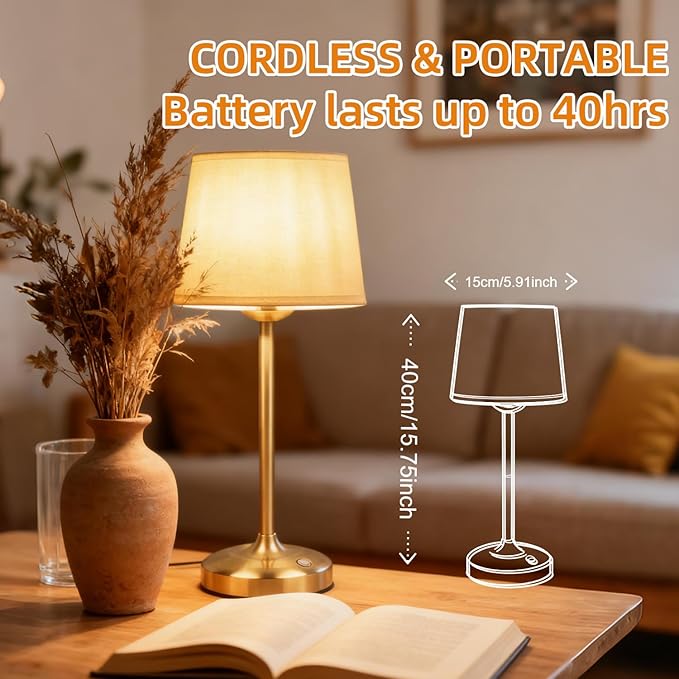 Cordless Table Lamp Gold with Dimmer, 4000mAH Battery Operated Lamp Rechargeable, 3 Color Temperature Touch Control Fabric Desk Light for Dining Room, Bedroom, Bar, Patio, Counter, Restaurant