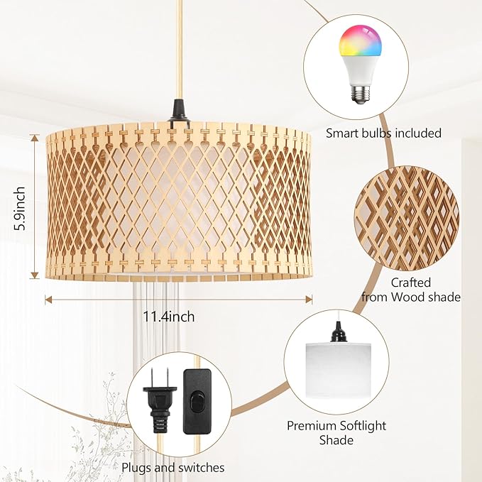 Hanging Lamp Plug in Pendant Light, 15FT Hanging Lights with Plug in Cord, Hanging Light with Bulb and Remote, Wood Shade Hanging Lamps for Bedroom, Living Room, Kitchen, Farmhouse