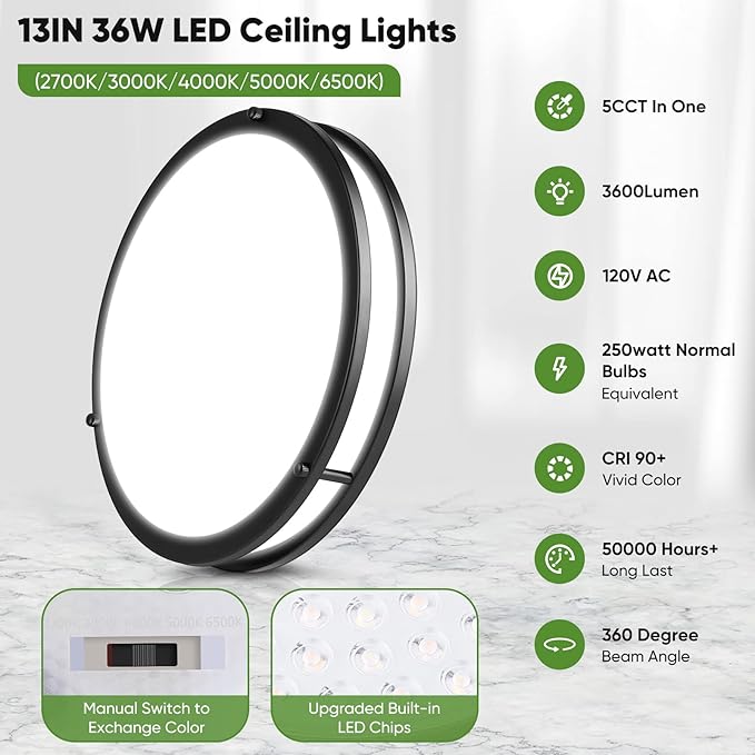 TOBUSA 36W LED Flush Mount Ceiling Light Fixture, 13inch LED Ceiling Light 3600LM, Modern Black Ceiling Light 2700K/3000K/4000K/5000K/6500K 5CCT, Dimmable Ceiling Lamp for Living Room Kitchen,1 Pack